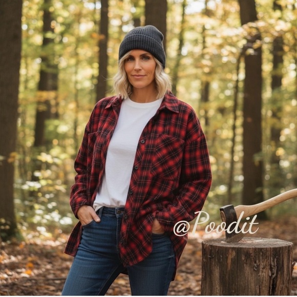 FANTASTIC FAWN Embellished red and black oversized flannel S M L - Picture 12 of 12